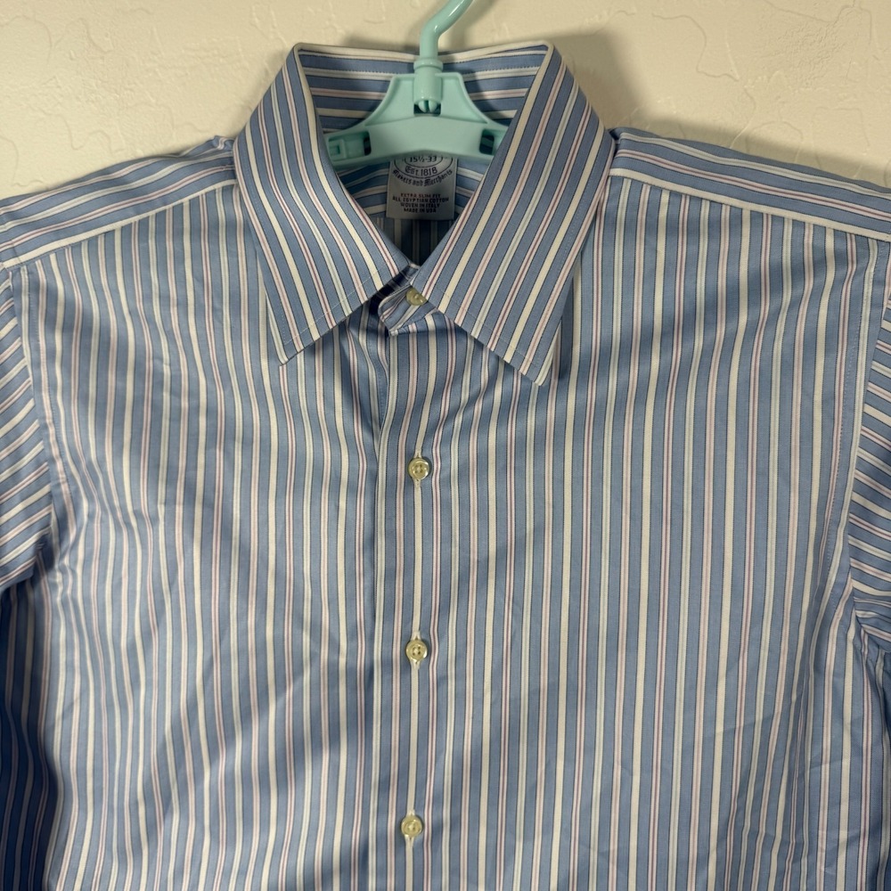 Brooks Brothers Shirt Mens 15.5-33‎ Blue Extra Slim Button Up Striped USA Made